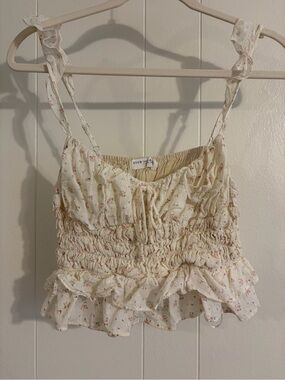 Cream Floral Smocked Ruffle Tank with Tie Straps